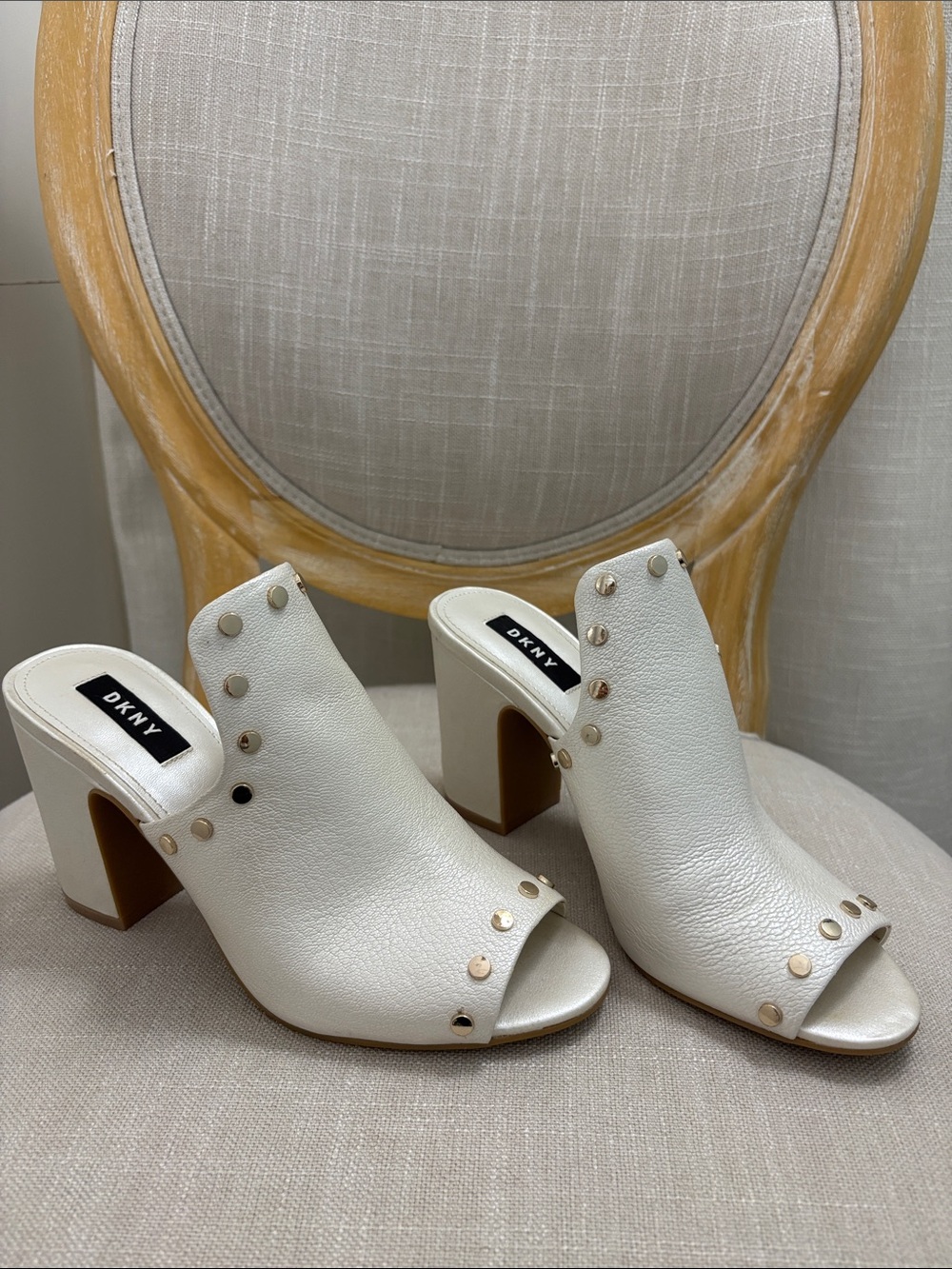 Dkny White Leather Studded Peep-Toe Mule Heels